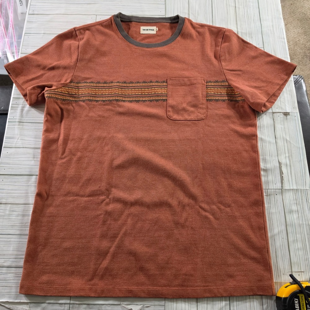 Taylor Stitch Mens Heavy Bag Ringer Tee Terracotta Orange Embroidered Stripe 42